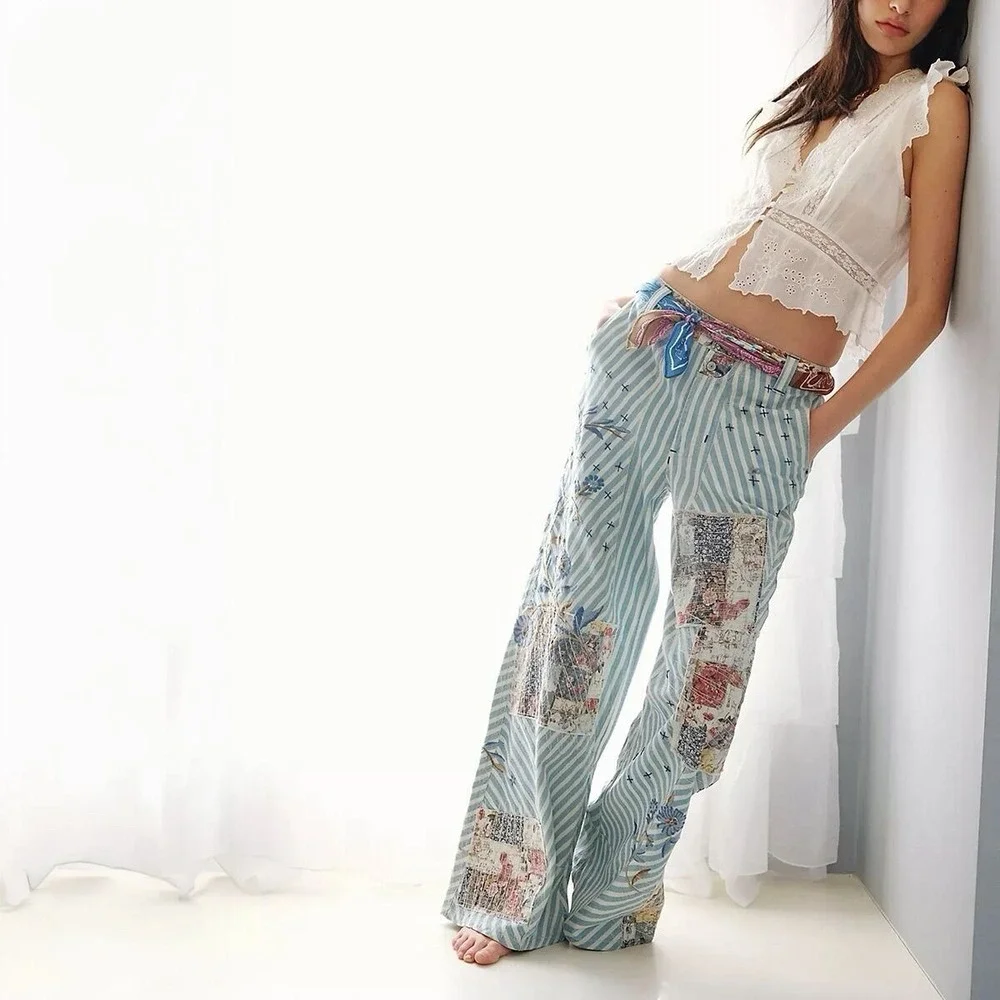 NEW We The Free People Runyon Patched Embroidered West Ridge Pants Jeans HTF 4